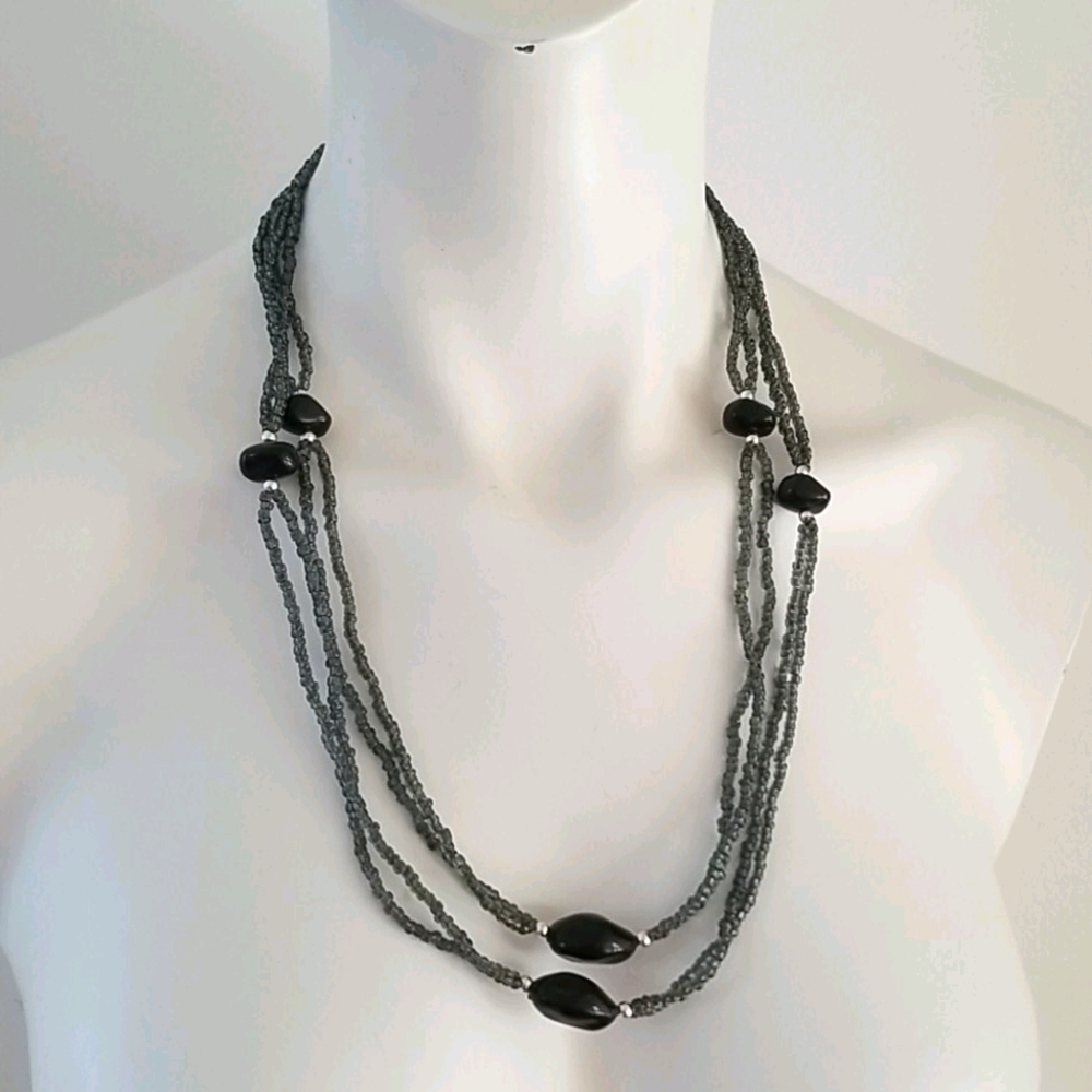 Long Necklace Acryli Charcoal beads & black stones